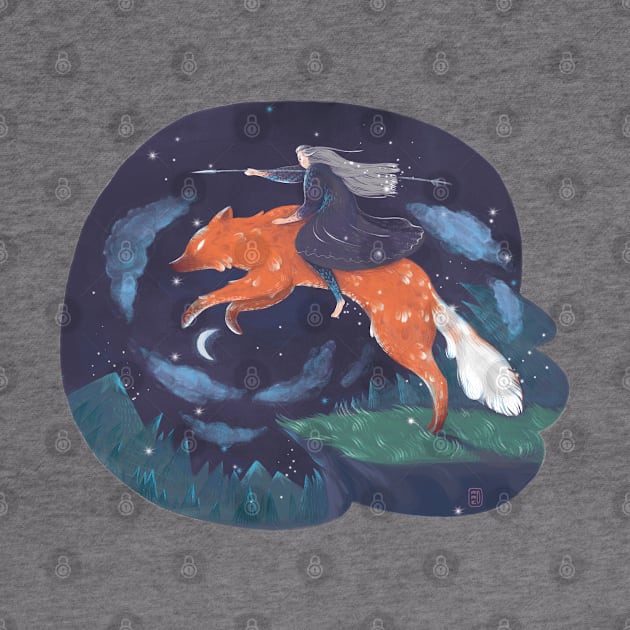 SILVER FEATHER FOX warrior girl riding a fox Transparent Background by morikoMomoko